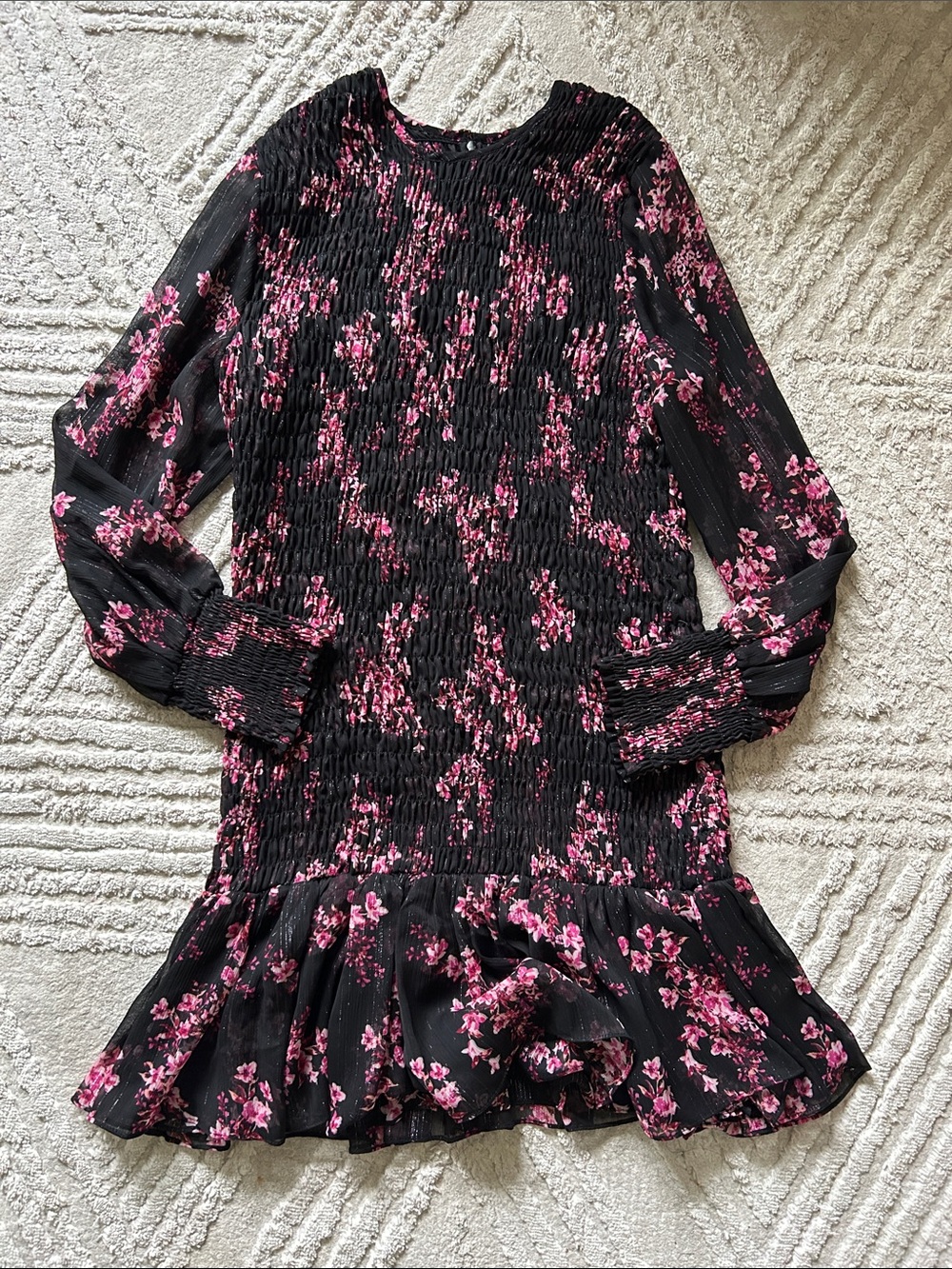 MISA Smocked Long-Sleeve Black Dress with Pink Floral Print